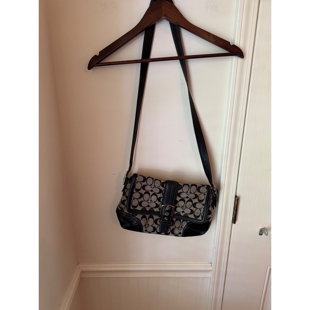 Coach Signature Jacquard Black Leather Crossbody Bag F12642 Buckle Flap Purse